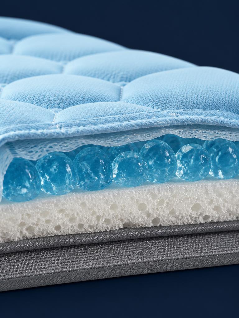 Cross section of the CoolRest mat showing quilted fabric, cooling gel, foam and waterproof base layers