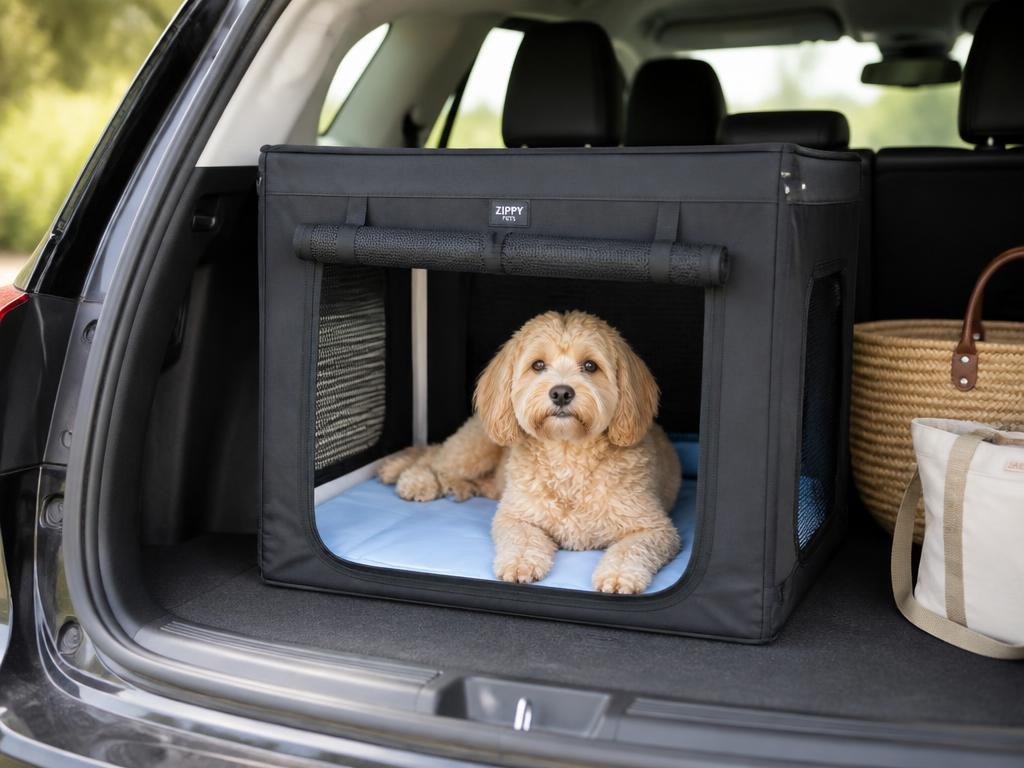 Small dog resting on a blue CoolRest mat inside a travel crate in a car boot